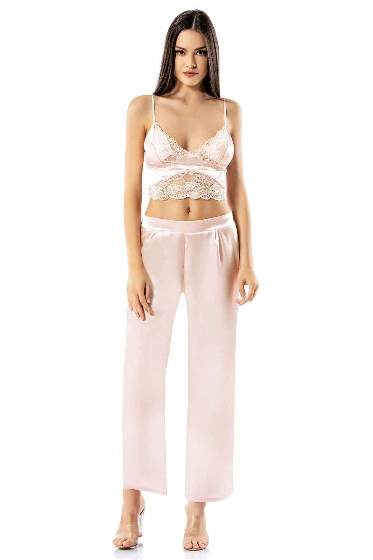 Desenli Büstiyerli Pembe Üçlü Saten Gecelik Pijama Takımı