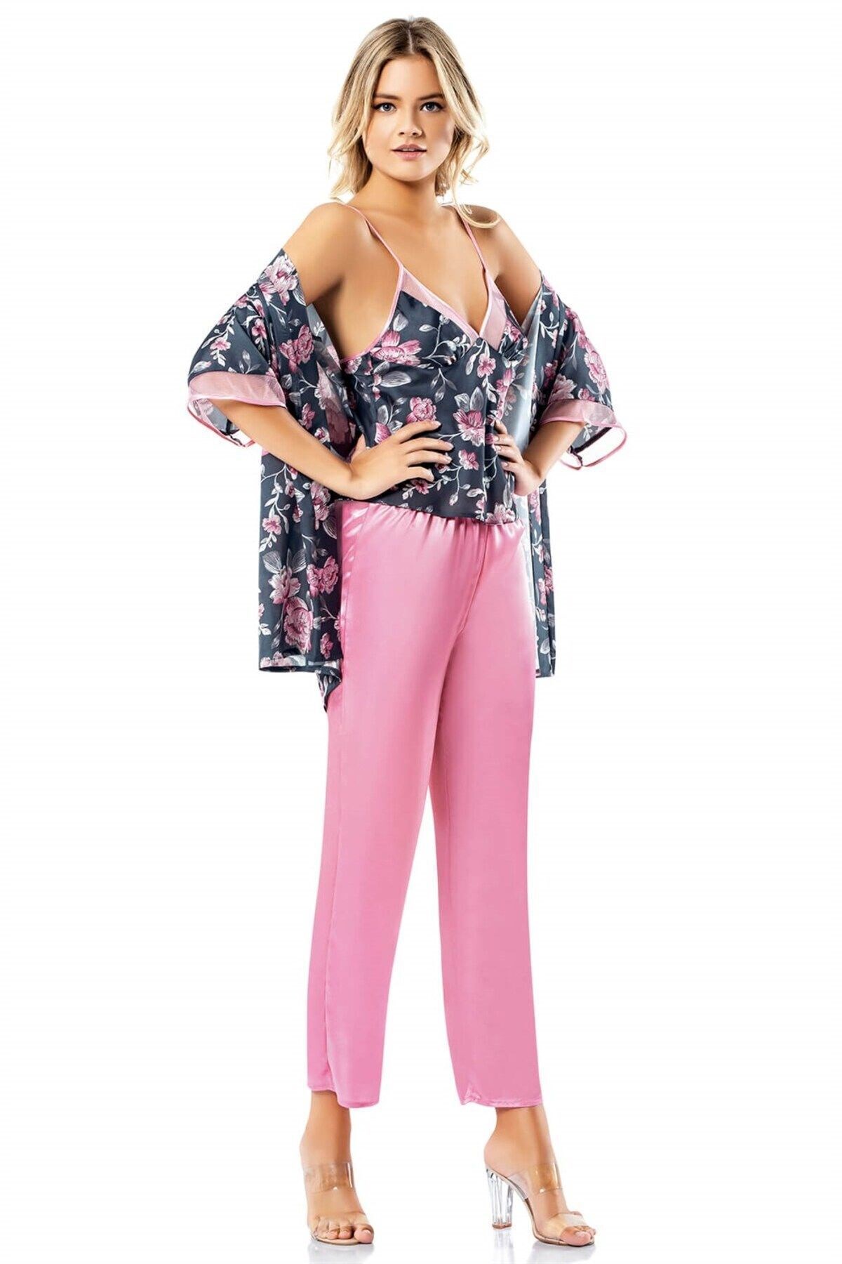 Desenli Büstiyerli Pembe Üçlü Saten Sabahlık Gecelik Pijama Takımı