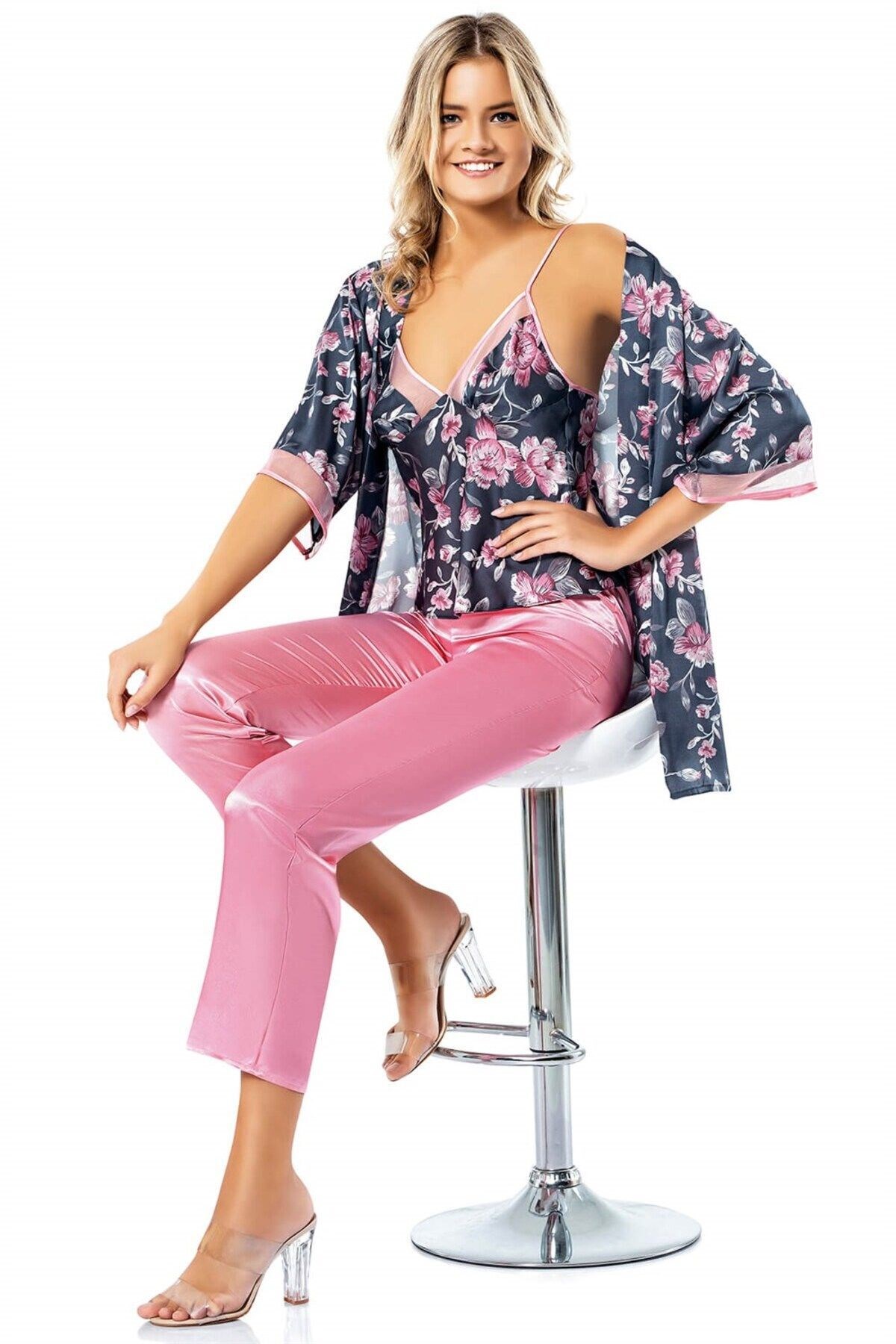 Desenli Büstiyerli Pembe Üçlü Saten Sabahlık Gecelik Pijama Takımı