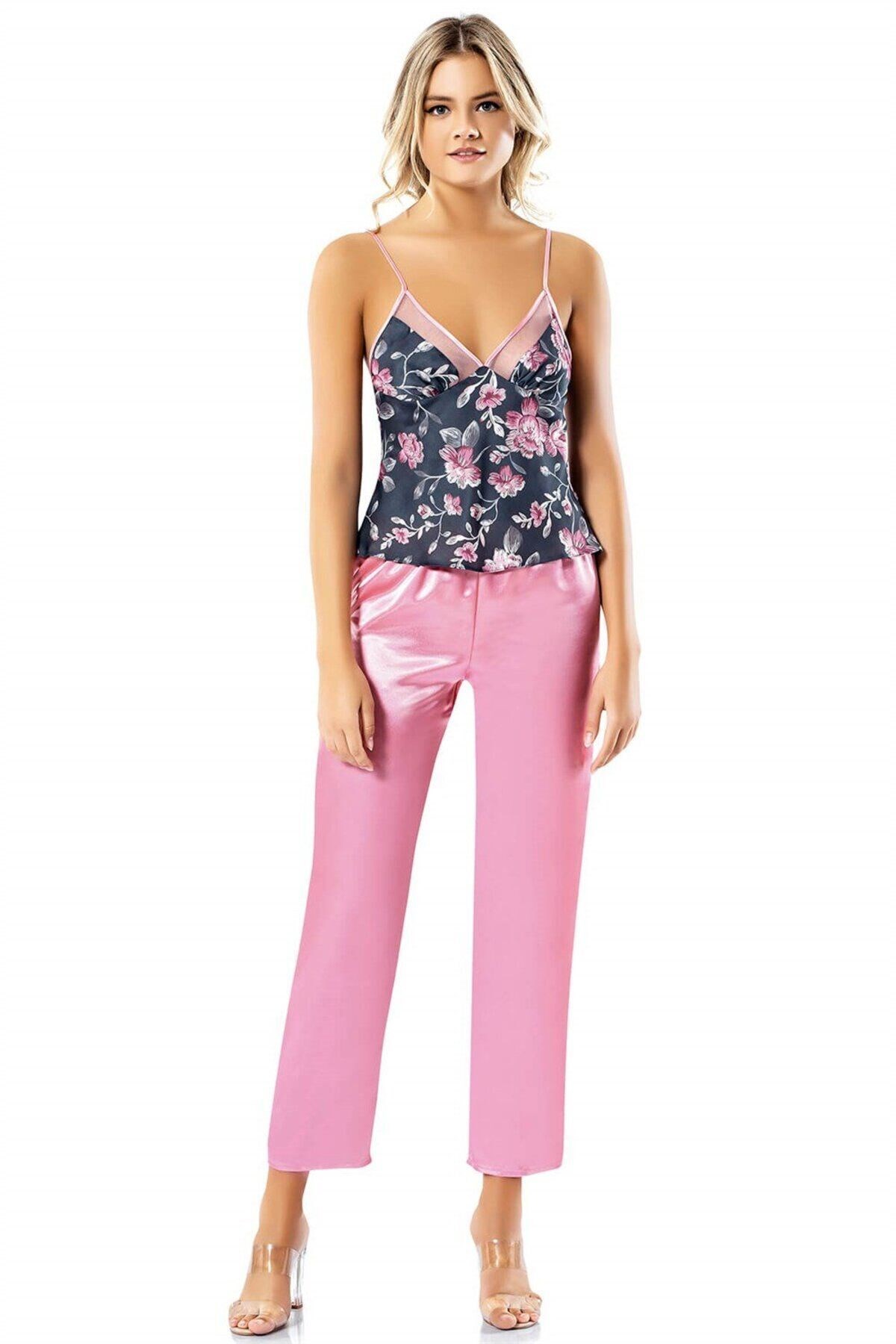 Desenli Büstiyerli Pembe Üçlü Saten Sabahlık Gecelik Pijama Takımı