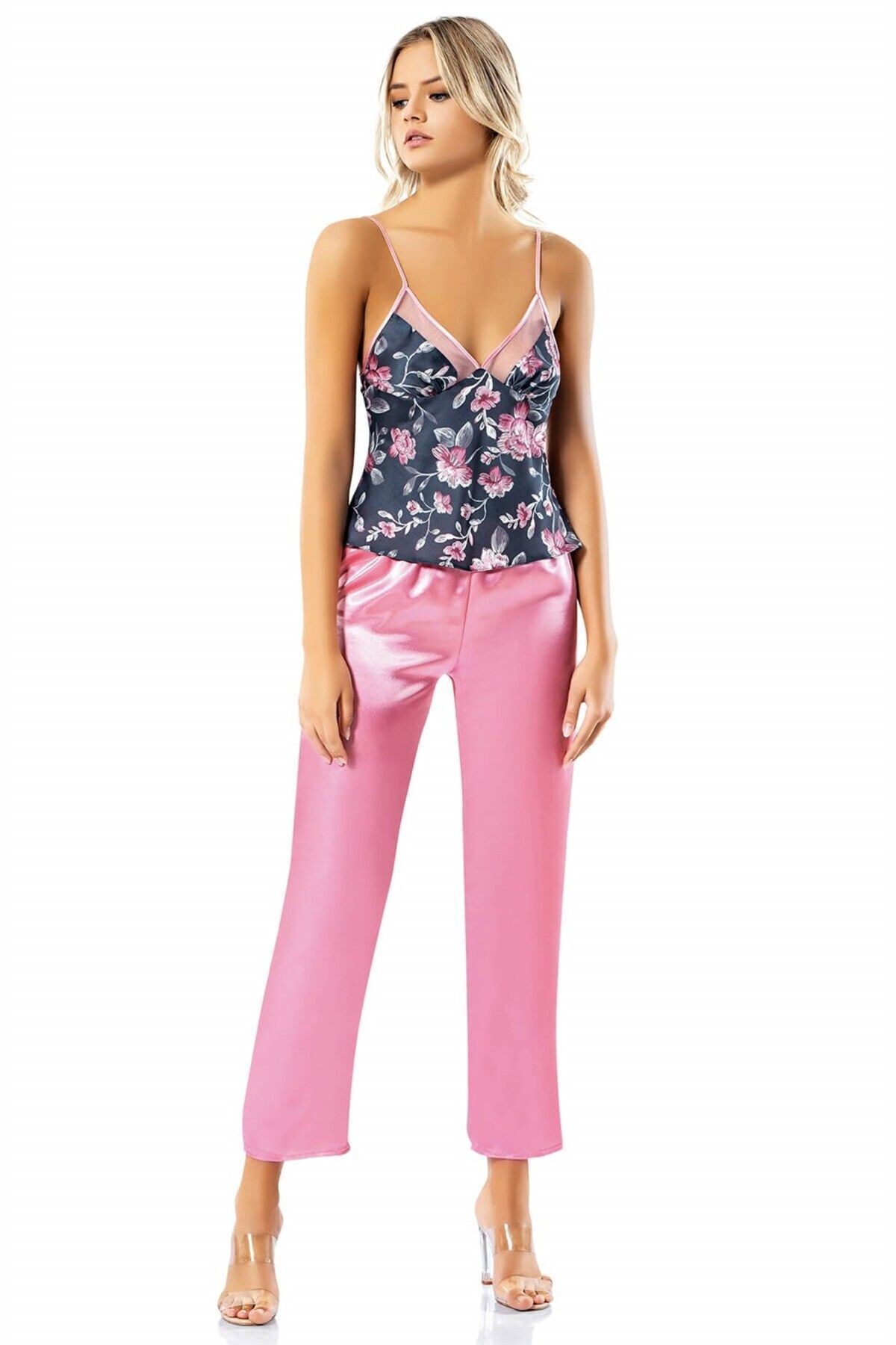Desenli Büstiyerli Pembe Üçlü Saten Sabahlık Gecelik Pijama Takımı