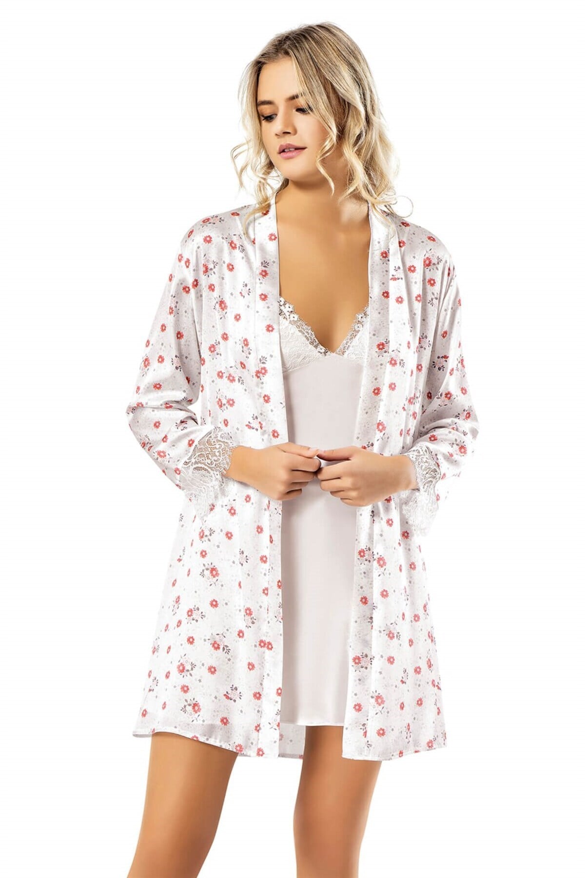Desenli Saten Sabahlık Gecelik Takımı