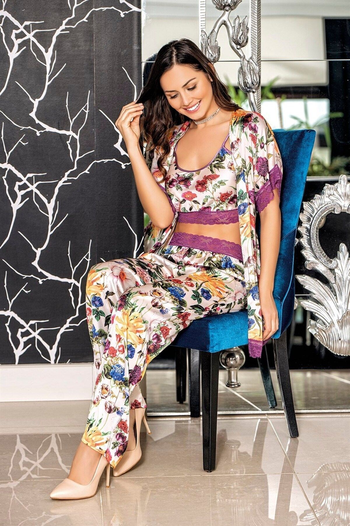 Desenli Üçlü Mor Saten Sabahlık Gecelik Pijama Takımı