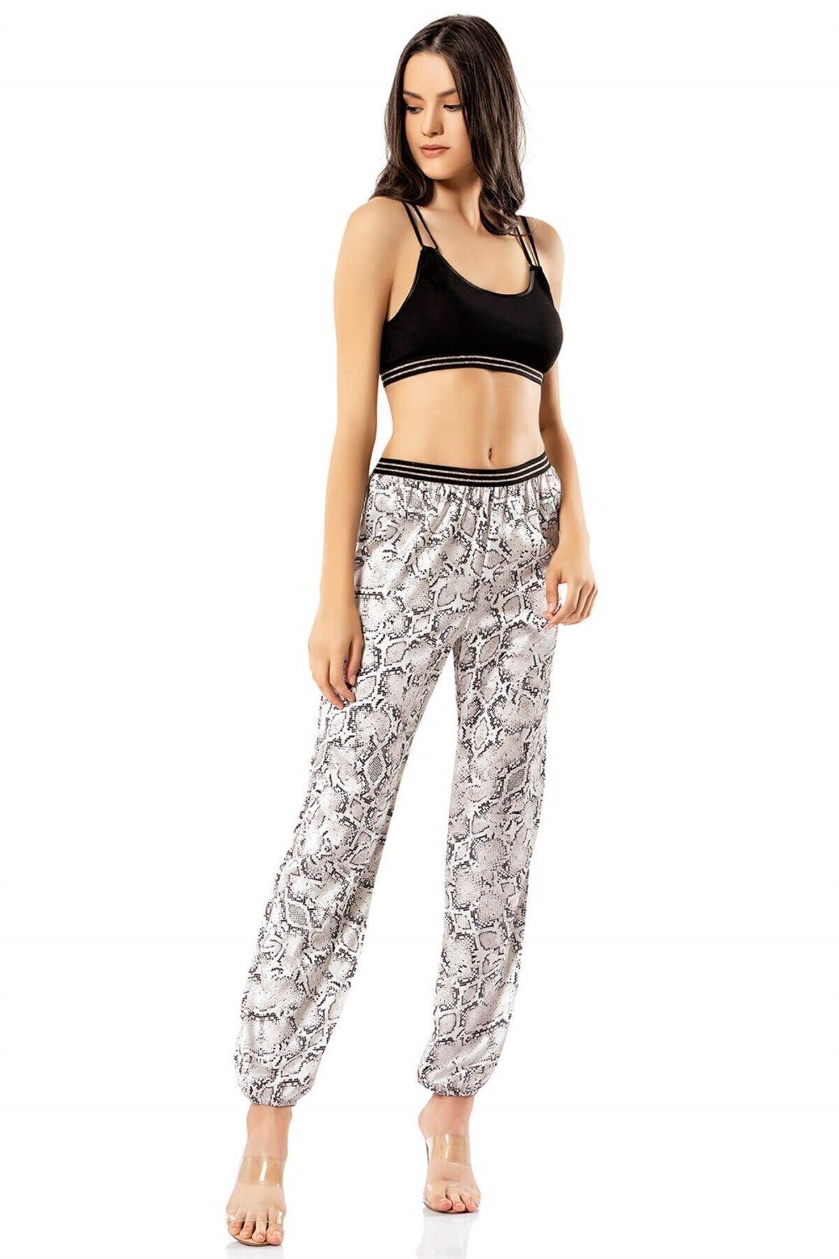 Desenli Üçlü Saten Gecelik Pijama Takımı