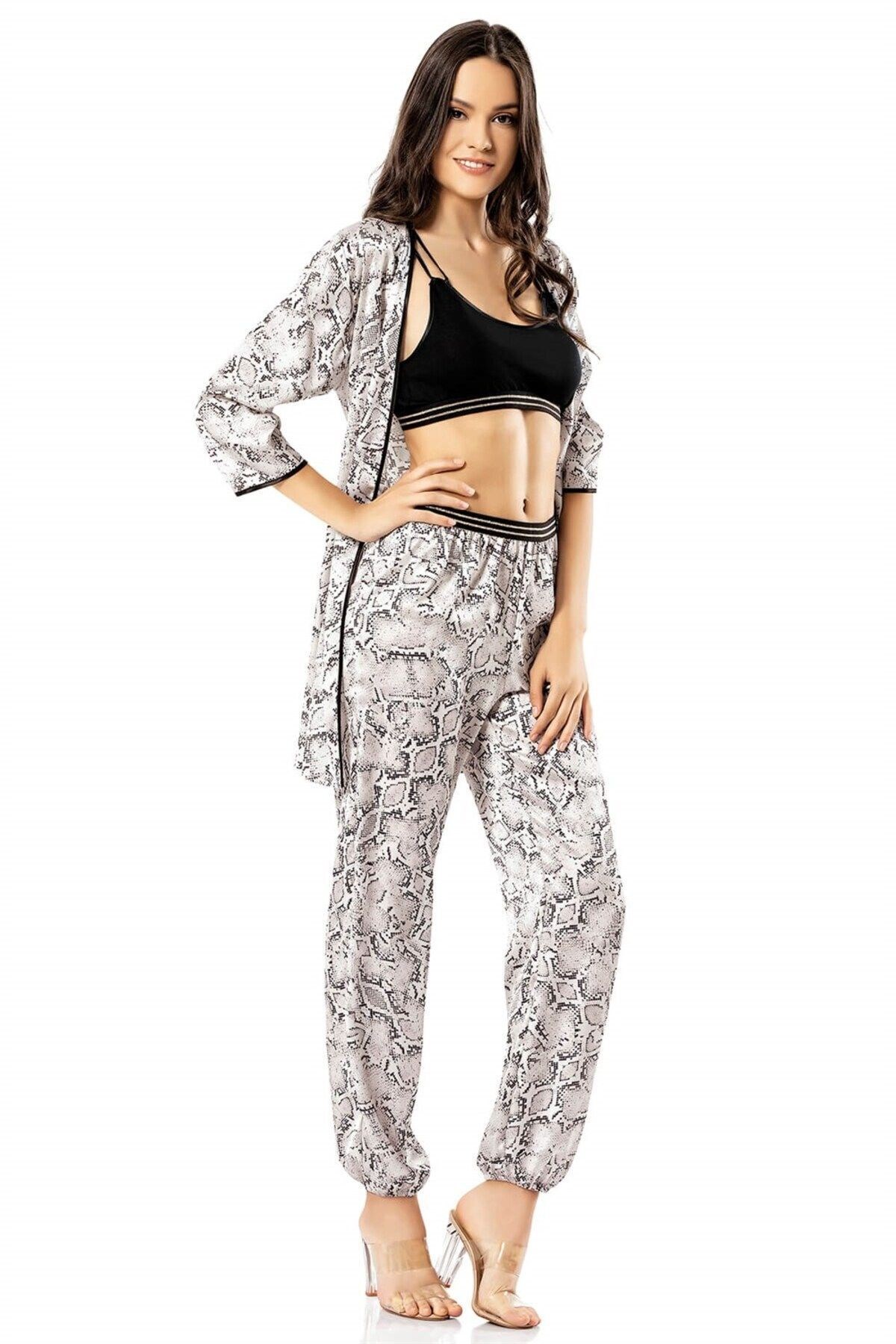 Desenli Üçlü Saten Gecelik Pijama Takımı