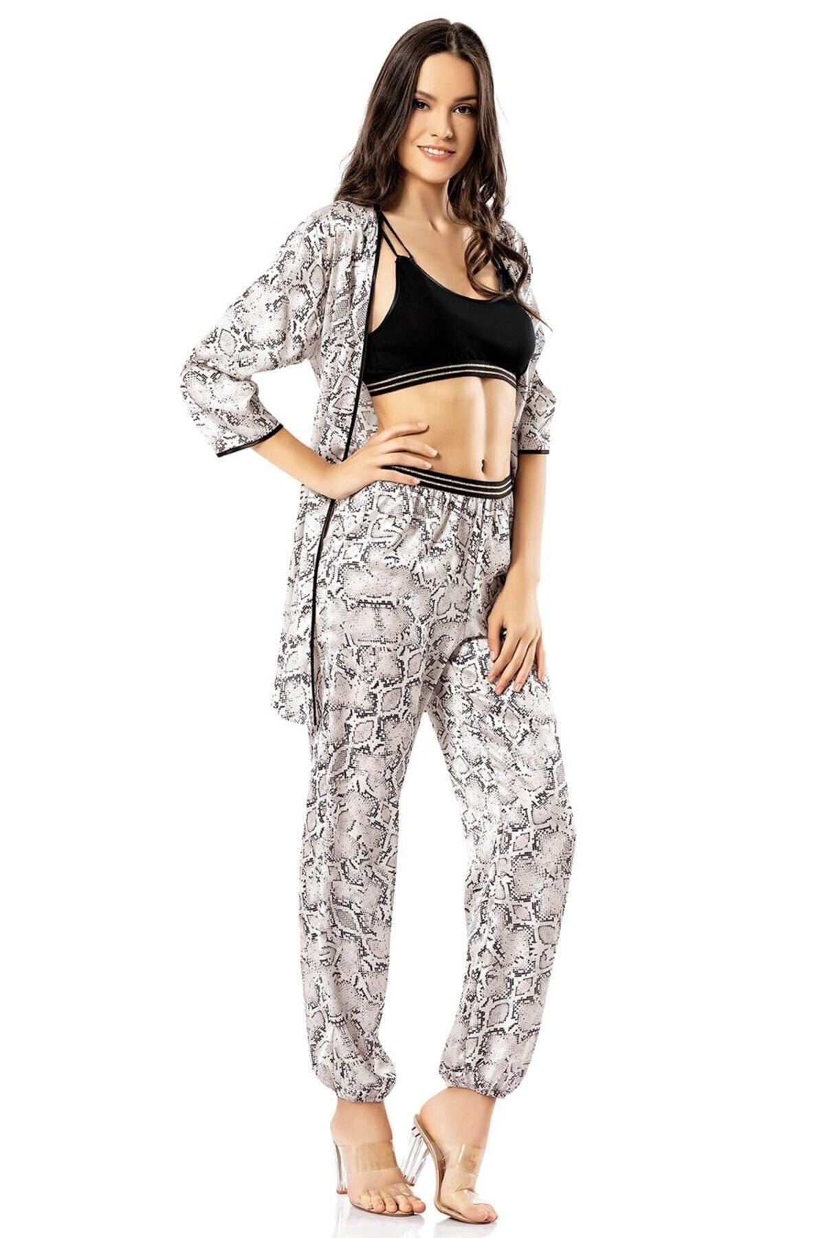 Desenli Üçlü Saten Gecelik Pijama Takımı