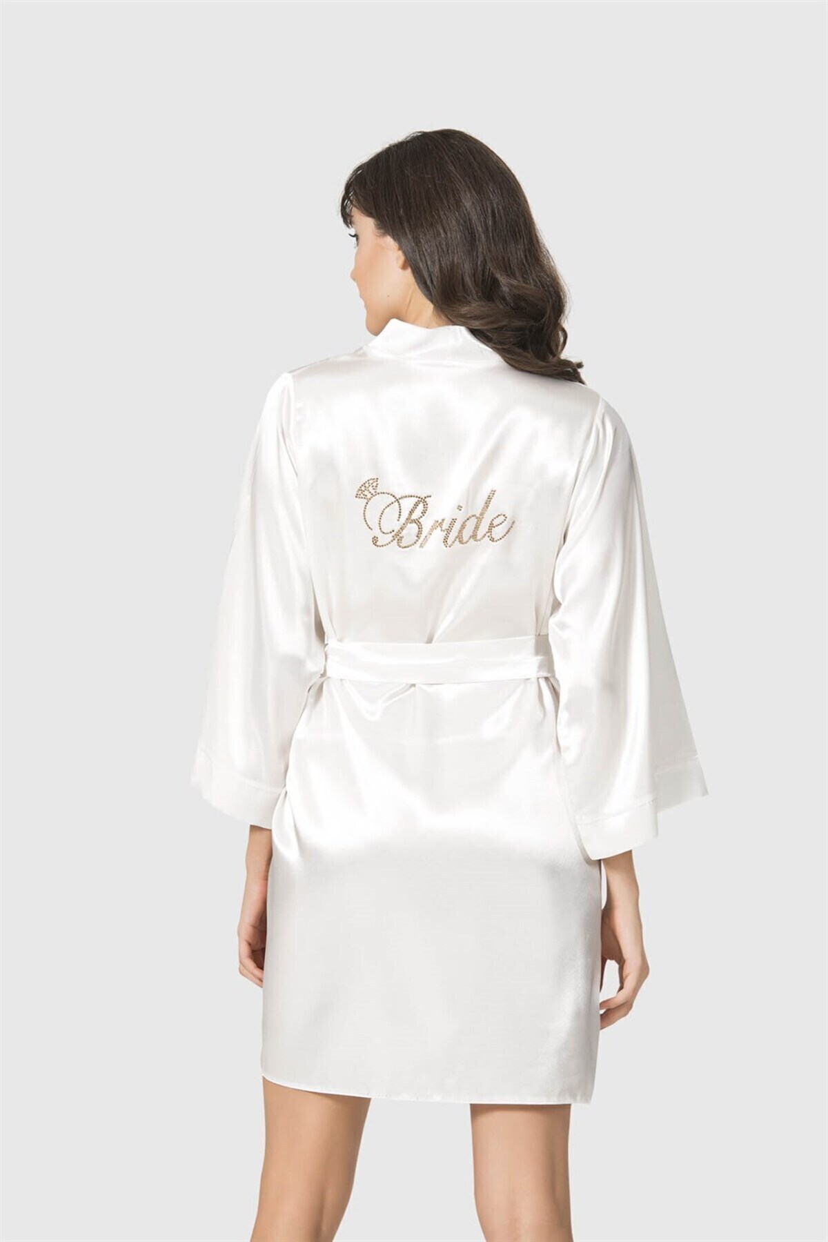 Ekru Kısa Ikili Saten Bride Sabahlık Gecelik Takımı