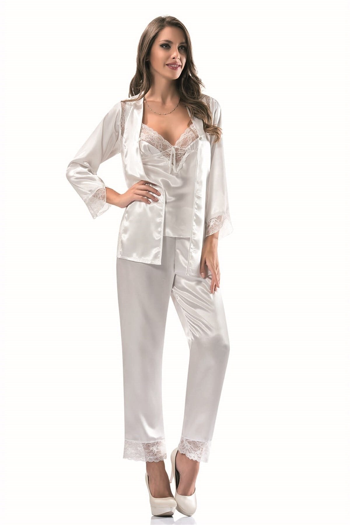 Ekru Üçlü Saten Sabahlık Gecelik Pijama Takımı
