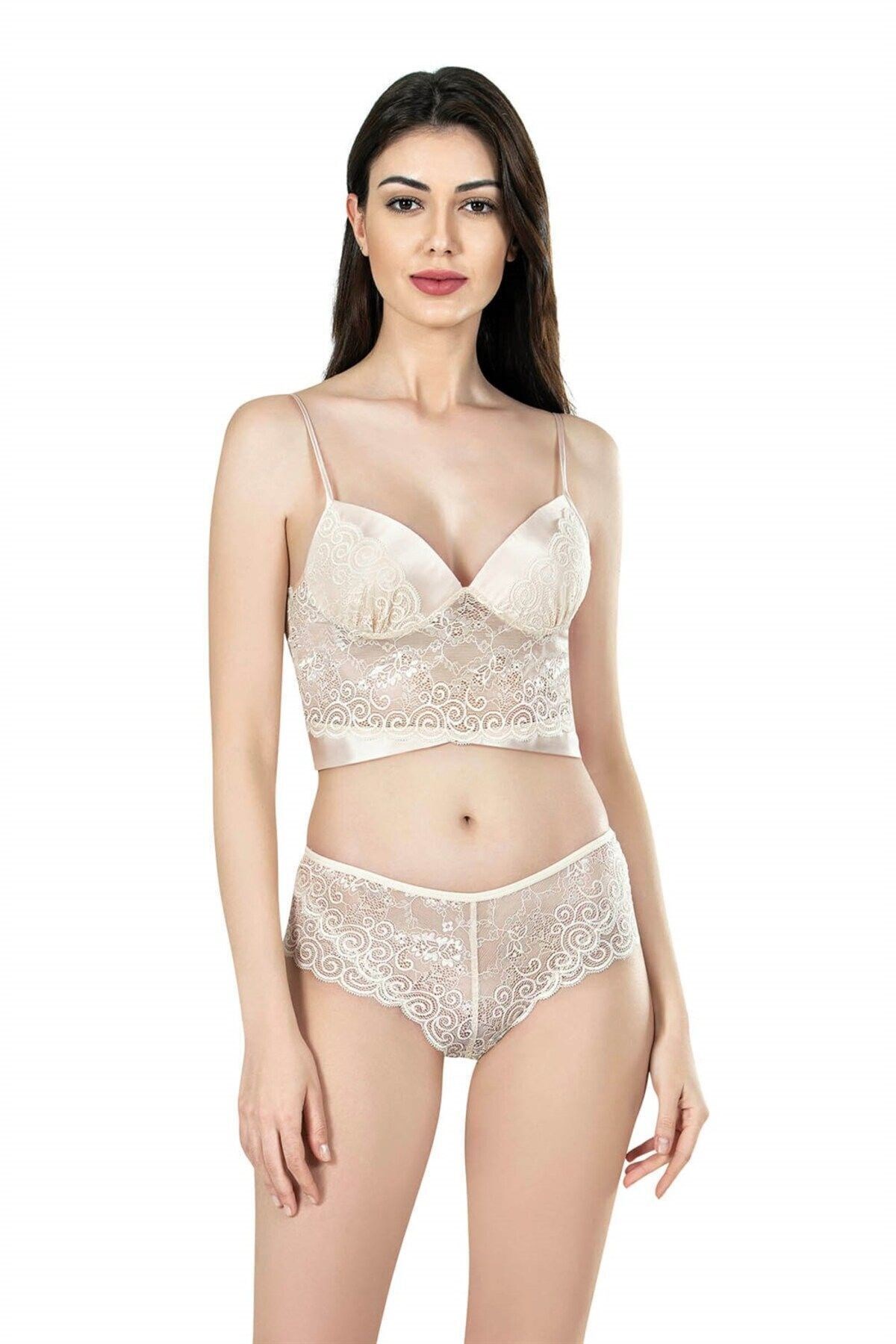 Fildişi Büstiyerli Üçlü Saten Gecelik Babydoll Şort Takım 7655