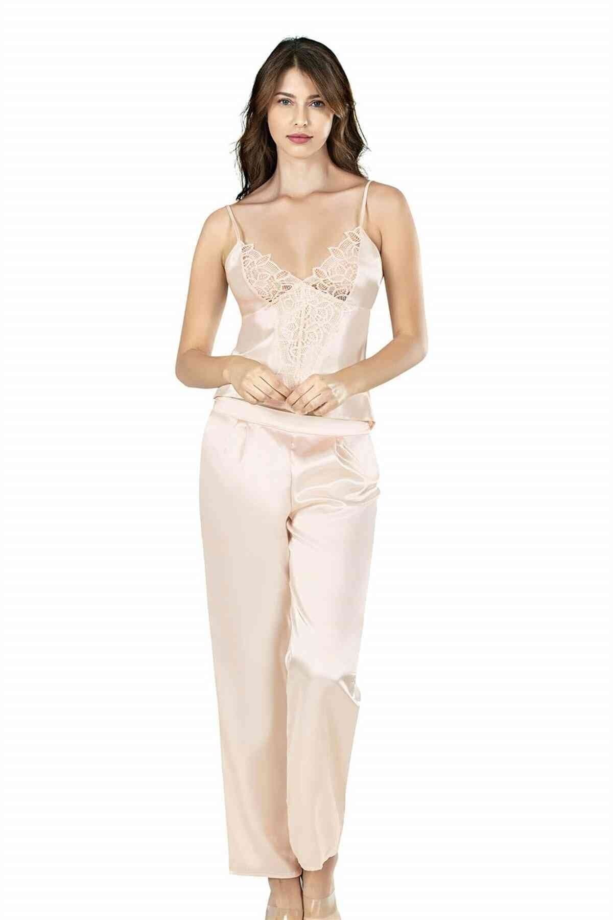 Fildişi Üçlü Saten Gecelik Pijama Takımı 7640