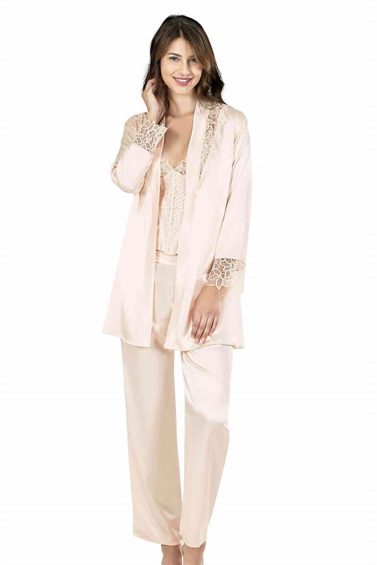 Fildişi Üçlü Saten Gecelik Pijama Takımı 7640