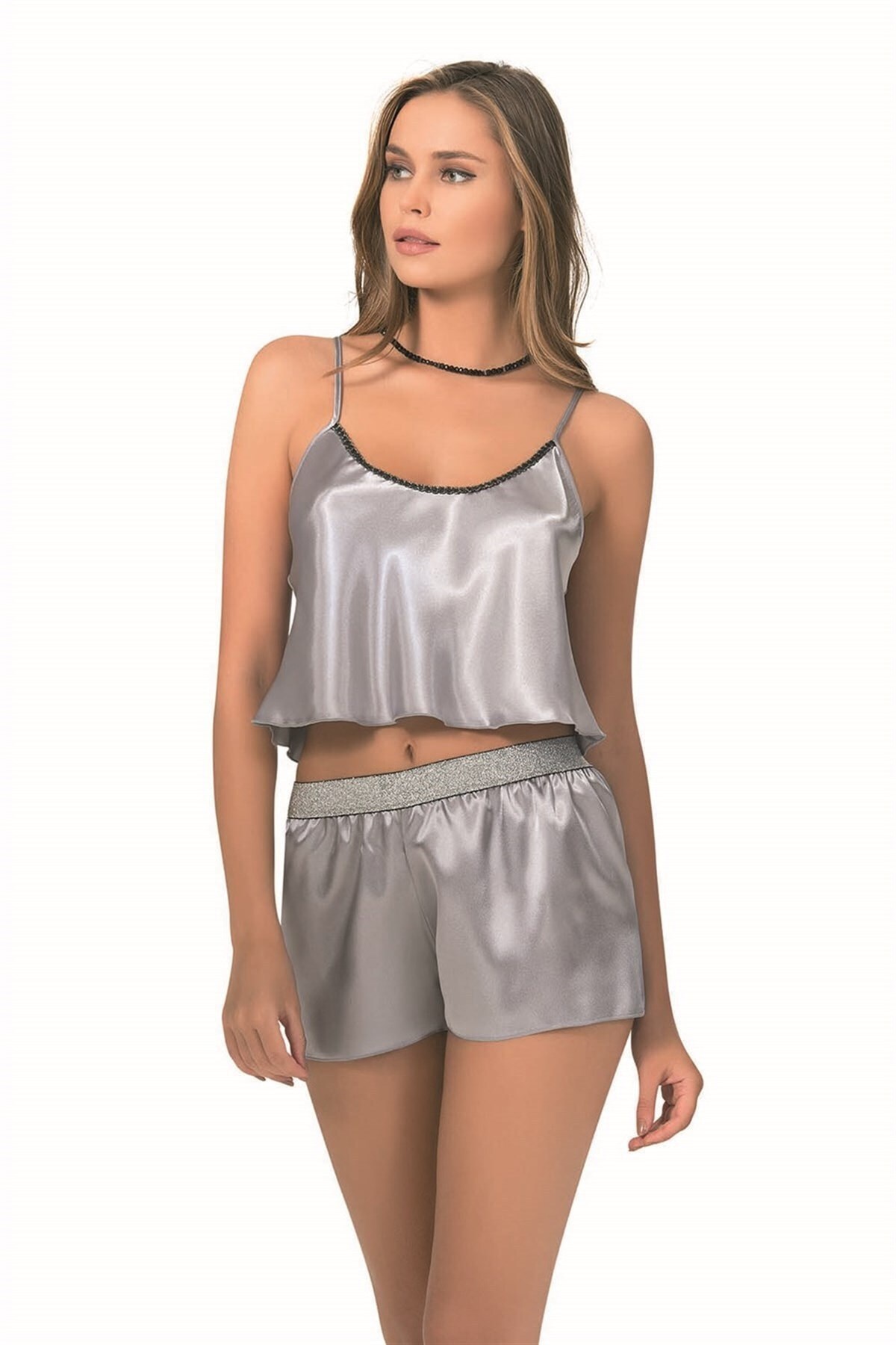 Gri Saten Babydoll Şort Takımı