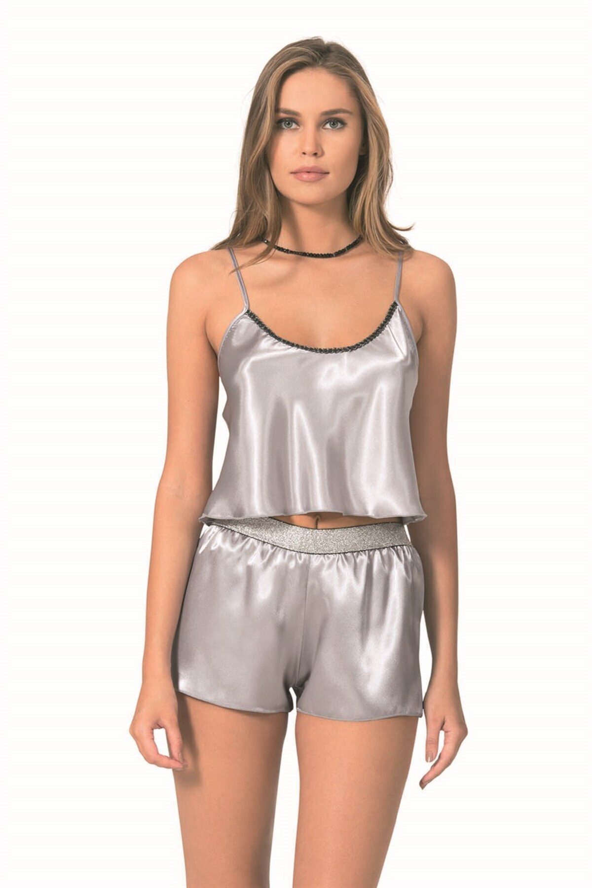 Gri Saten Babydoll Şort Takımı