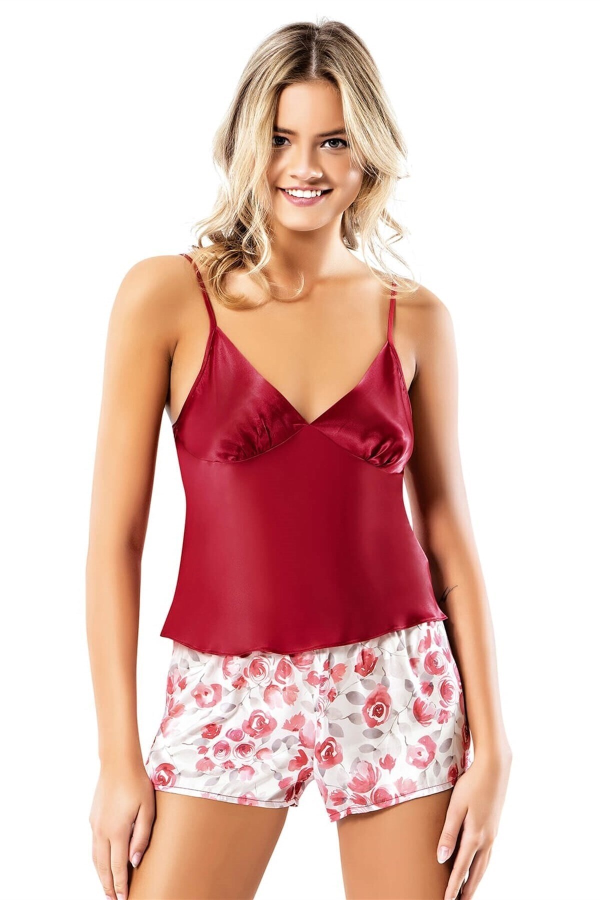 Kadın Bordo Desenli Saten Babydoll Şort Takımı