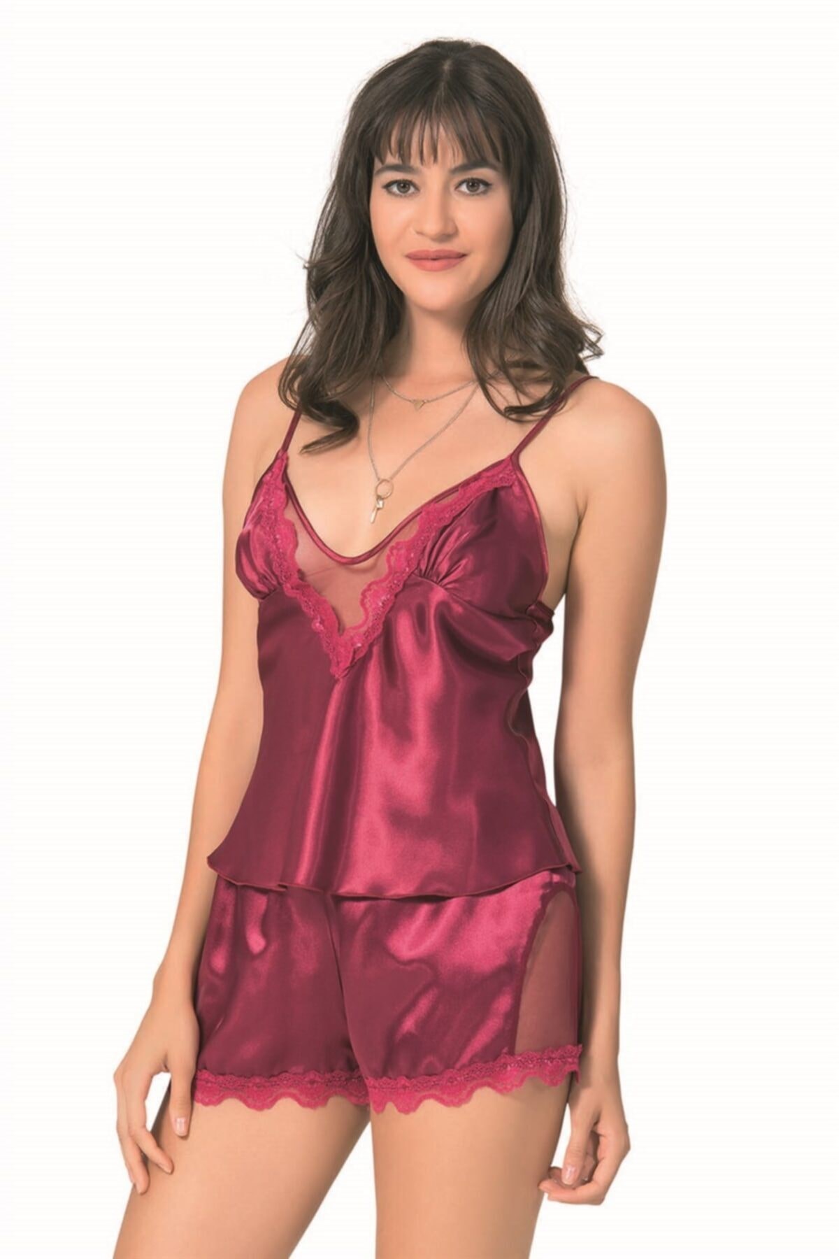 Kadın Bordo Saten Babydoll Şort Takımı