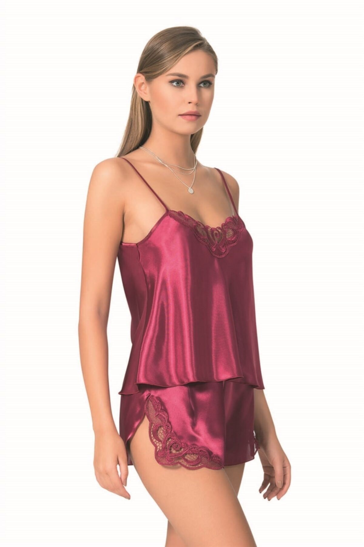 Kadın Bordo Saten Babydoll Şort Takımı