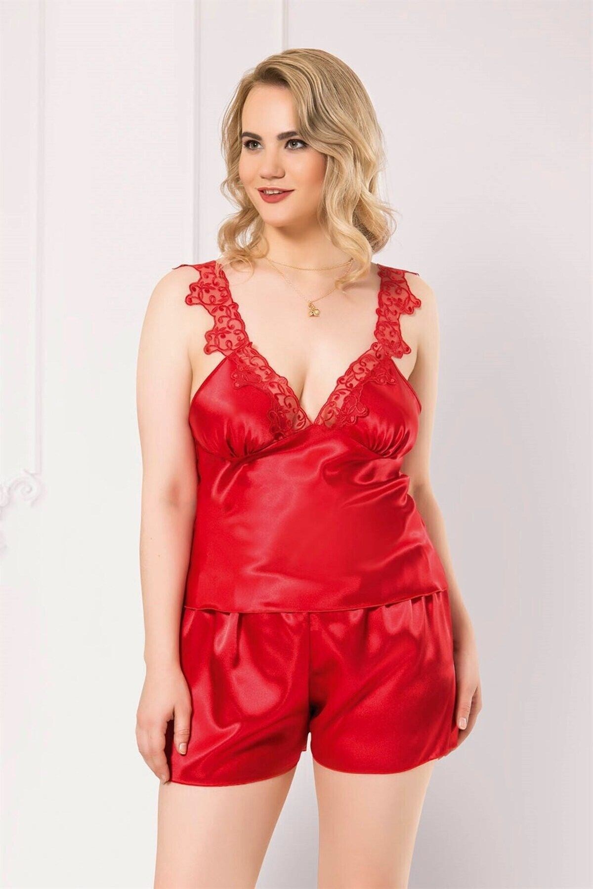 Kadın Büyük Beden Kırmızı Saten Babydoll Şort Takımı