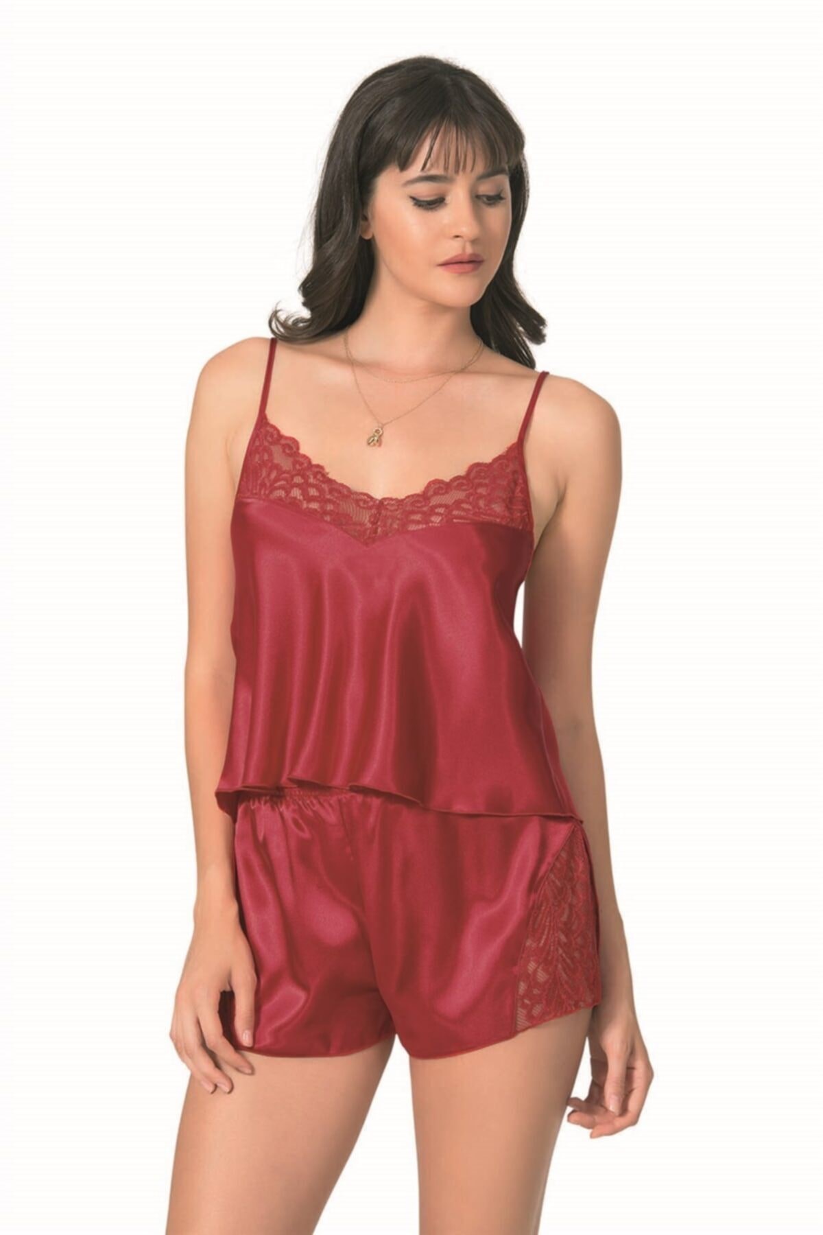 Kadın Kırmızı Primoda Saten Babydoll Şort Takımı