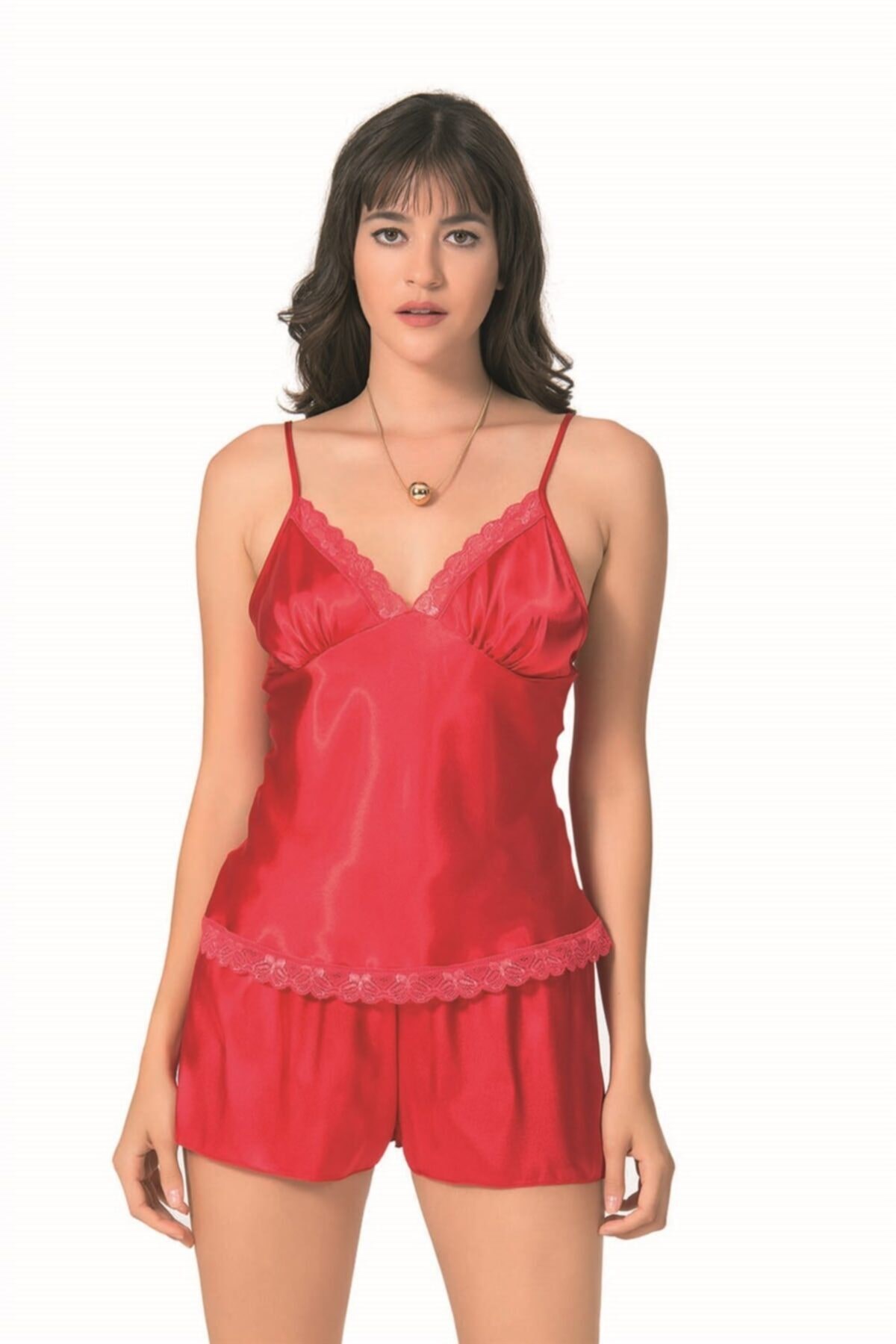 Kadın Kırmızı Saten Babydoll Şort Takımı