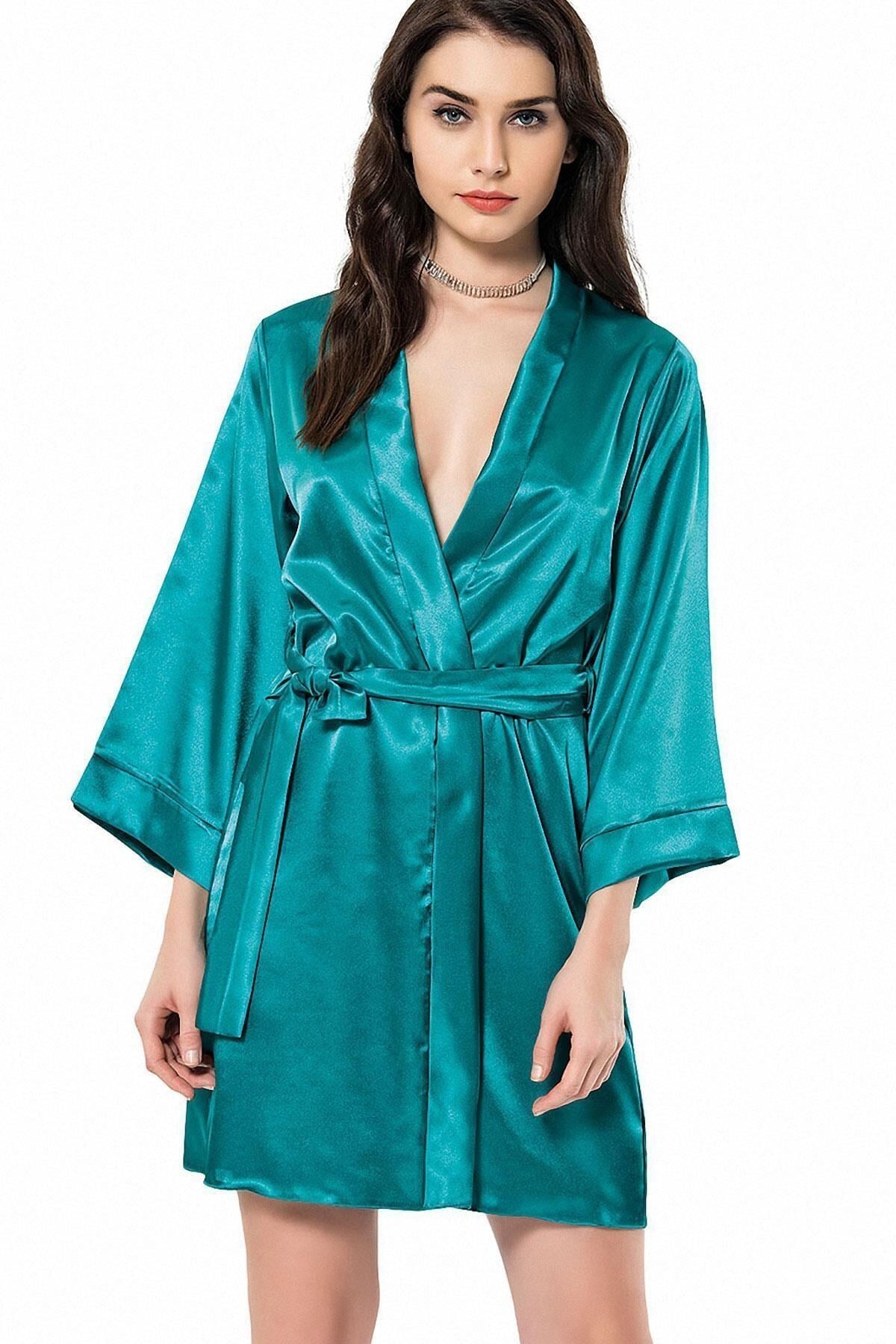 Kadın Kuşaklı Kimono Yaka Uzun Kollu Kadın Diz Üstü Sabahlık 7431