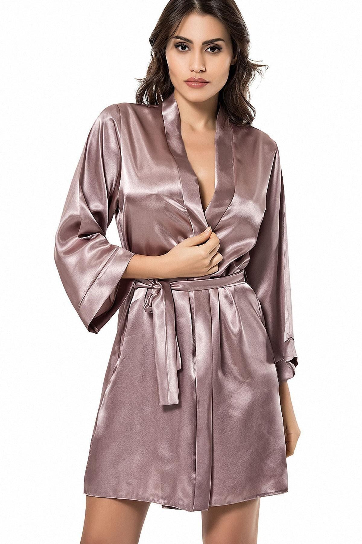 Kadın Kuşaklı Kimono Yaka Uzun Kollu Kadın Diz Üstü Sabahlık 7431