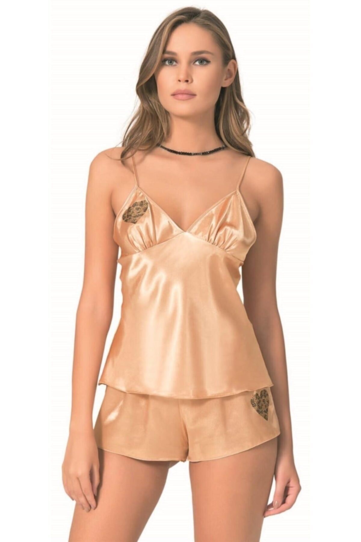 Kadın Mavi Saten Babydoll Şort Takımı
