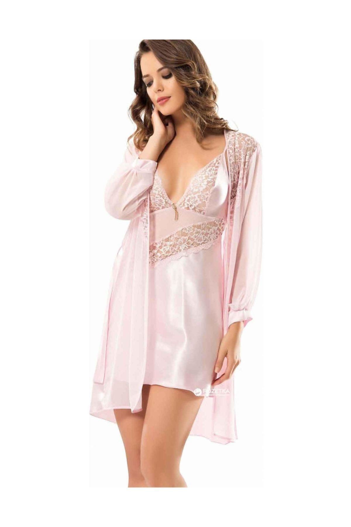 Kadın Pembe Çiçekli Mini Askılı Saten Sabahlıklı Gecelik Takımı 7292