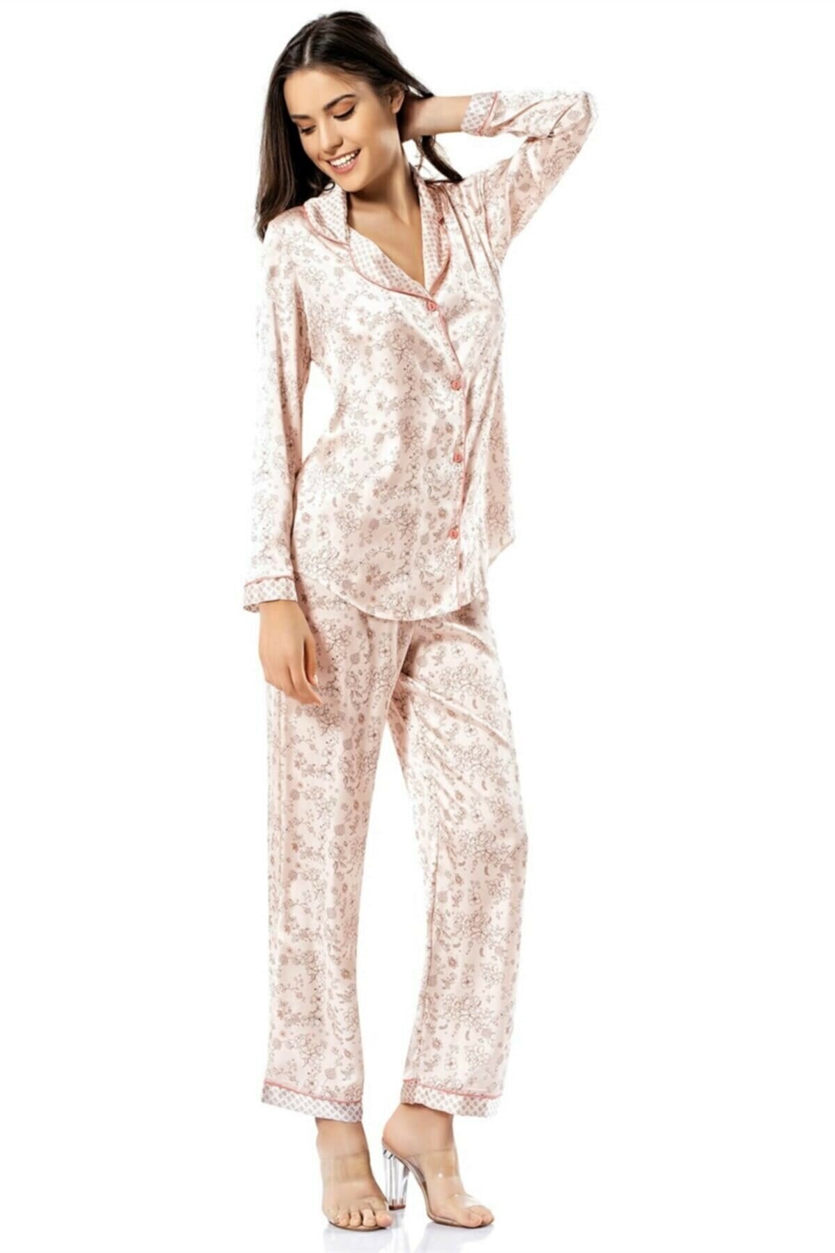 Kadın Pembe Desenli Ikili Saten Gecelik Pijama Takımı
