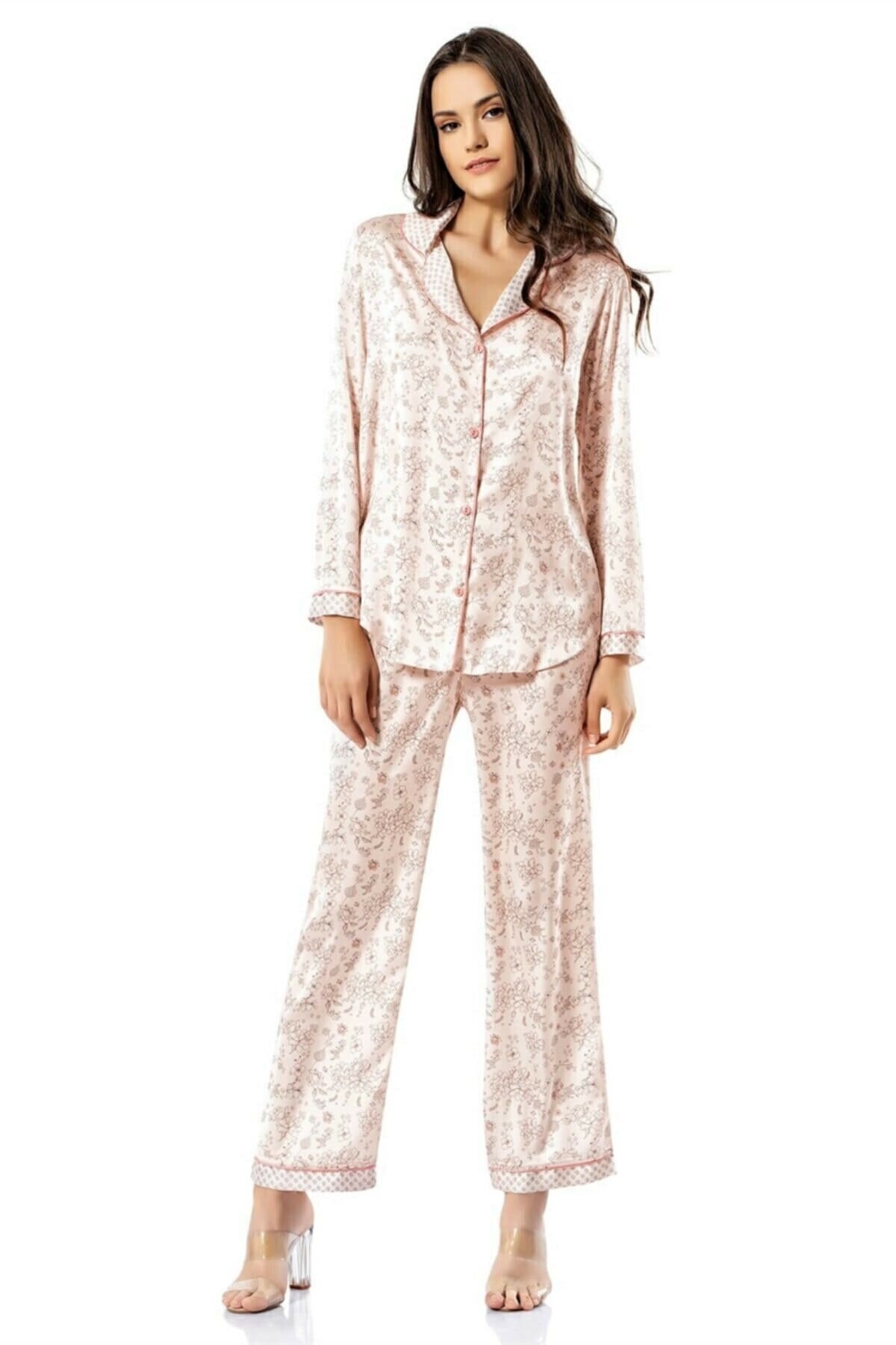 Kadın Pembe Desenli Ikili Saten Gecelik Pijama Takımı