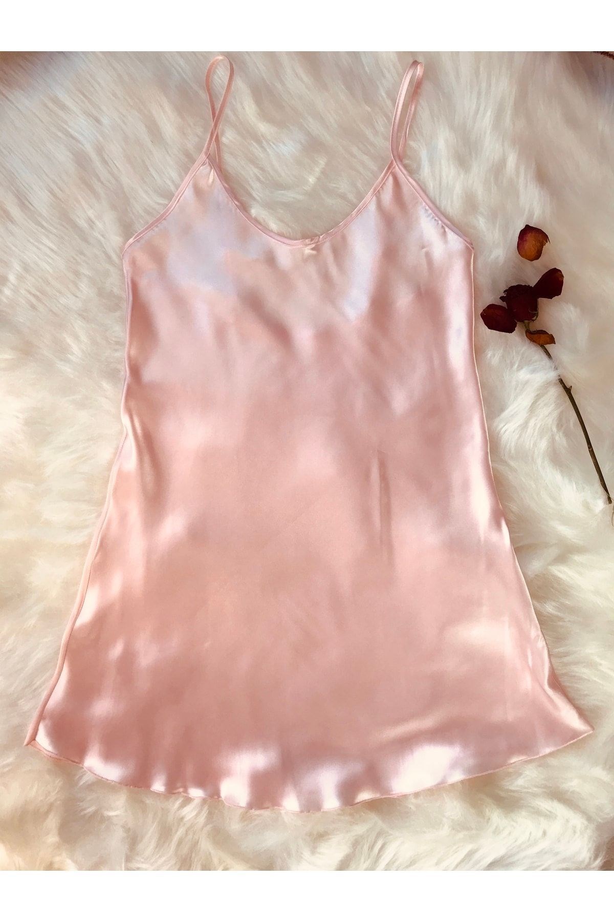 Kadın Pembe Saten Askılı Mini Gecelik
