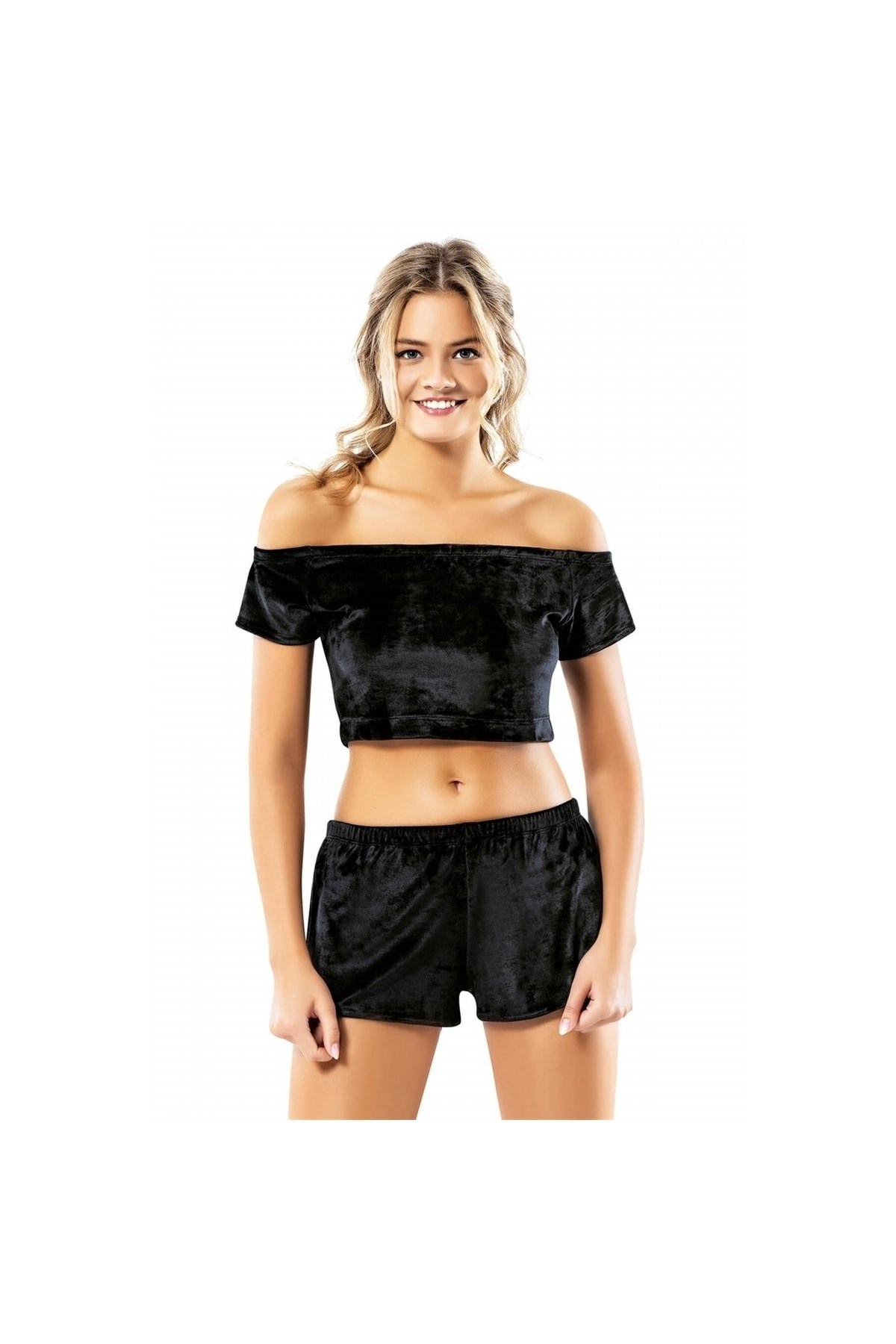 Kadın Siyah Büstiyerli Kadife Babydoll Şort Takımı