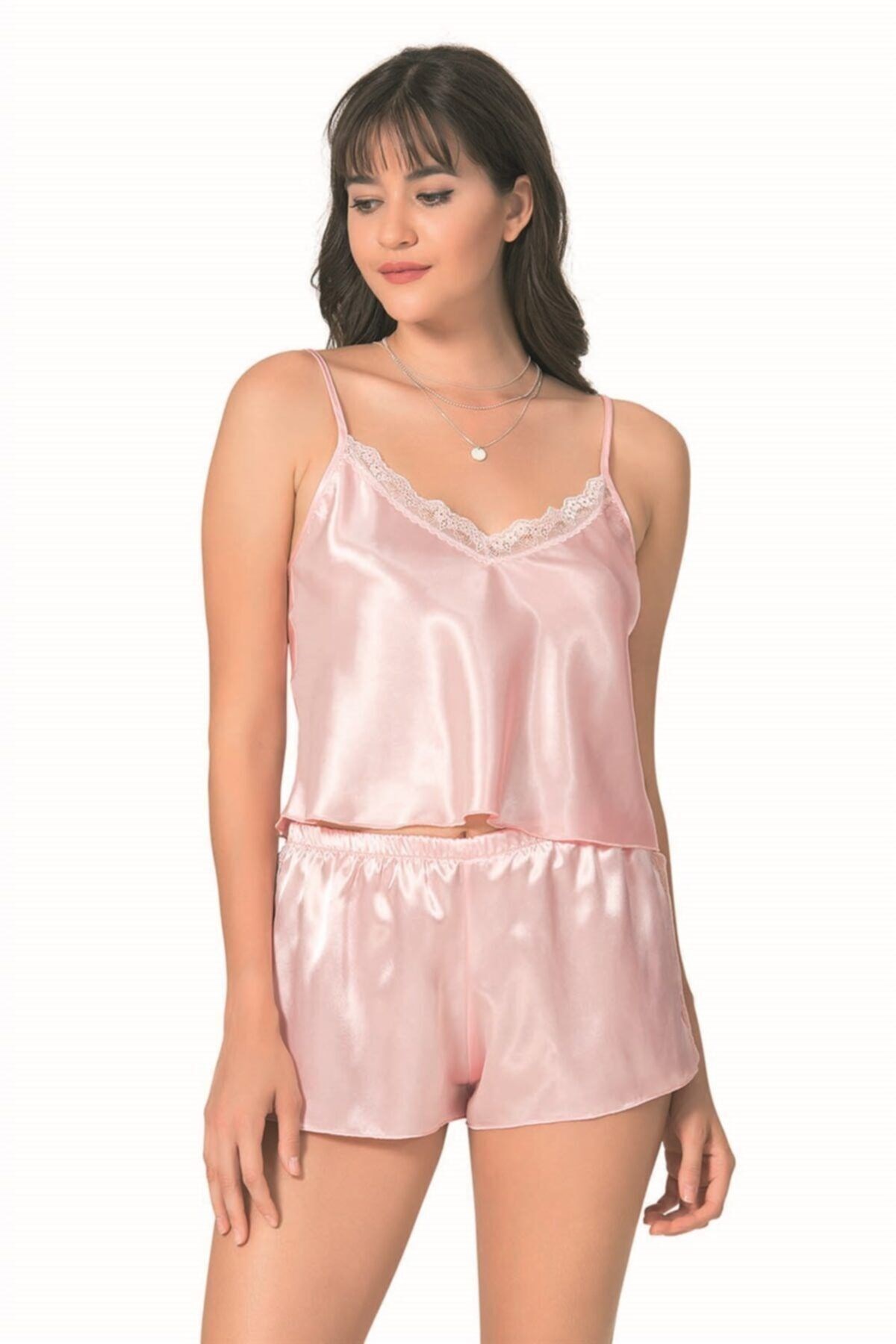 Kadın Somon Primoda Saten Babydoll Şort Takımı Gecelik