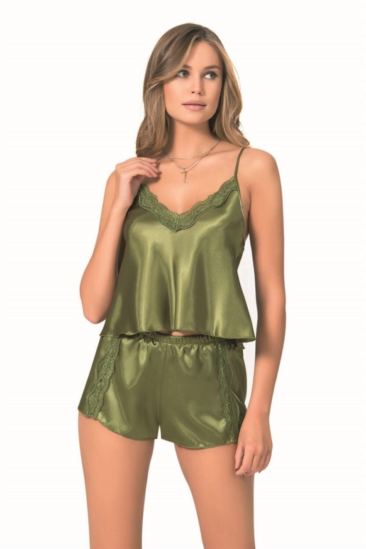 Kadın Yeşil Saten Babydoll Şort Takımı