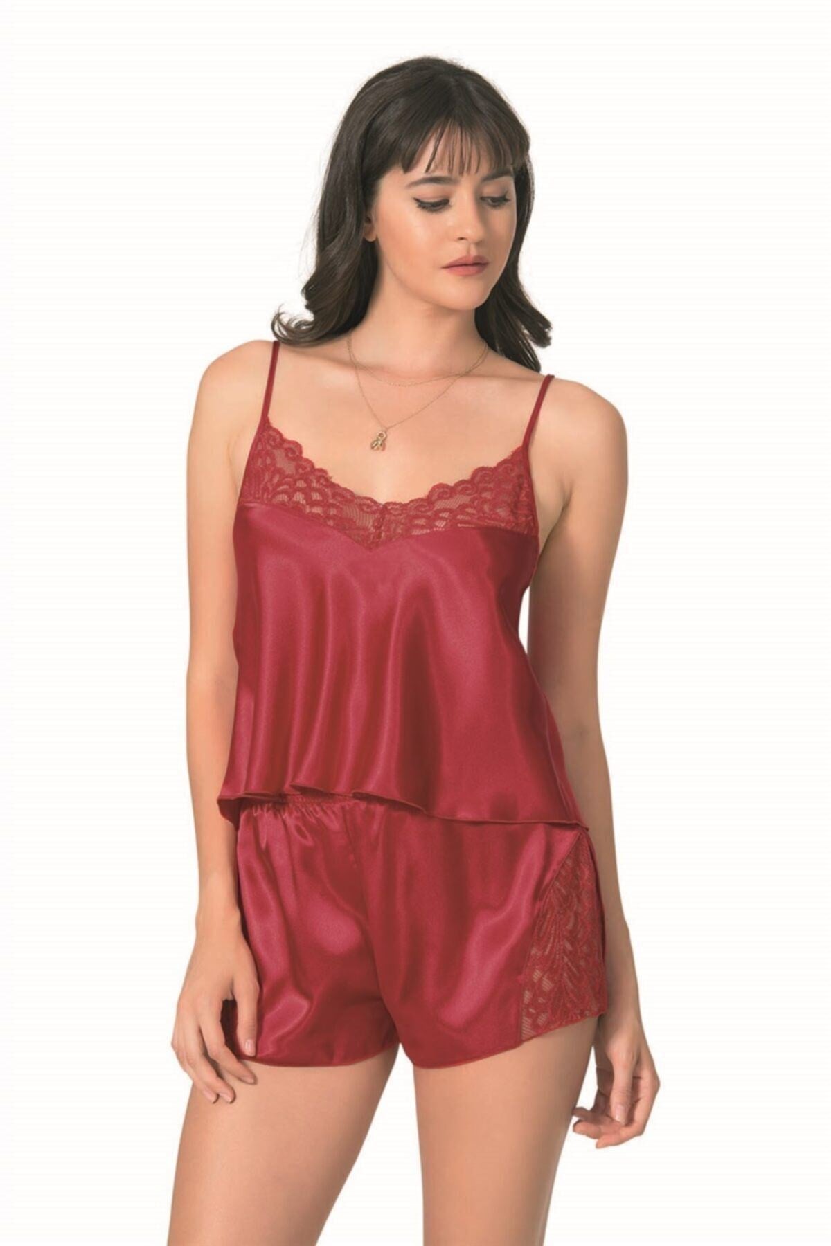 Kırmızı Saten Babydoll Şort Takımı