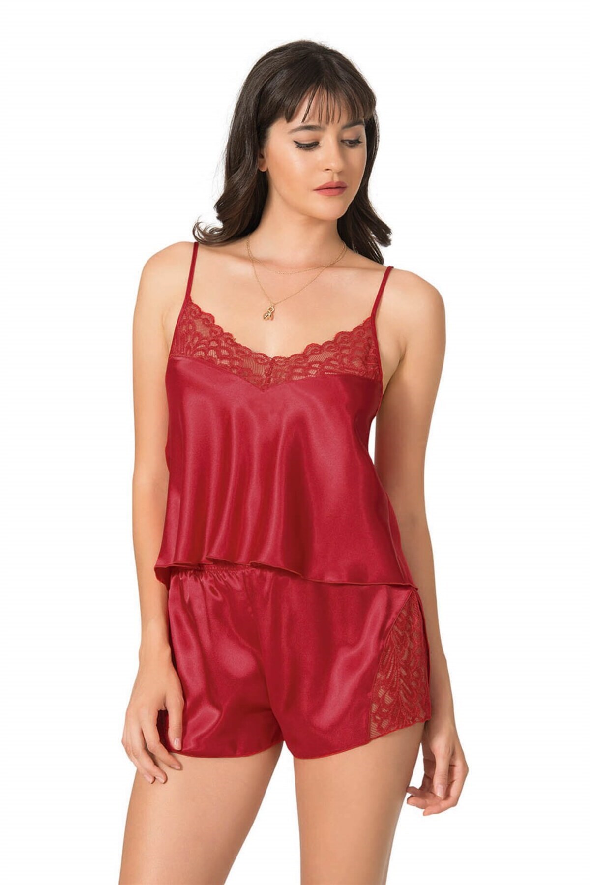 Kırmızı Saten Babydoll Şort Takımı