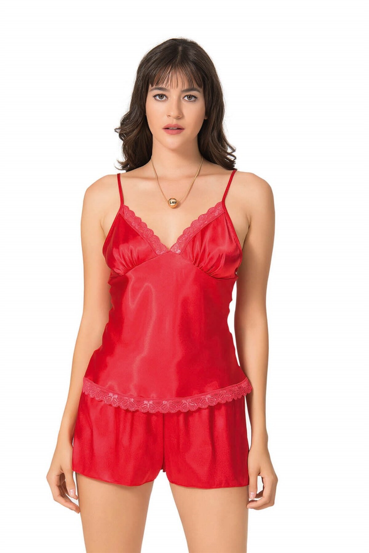 Kırmızı Saten Babydoll Şort Takımı