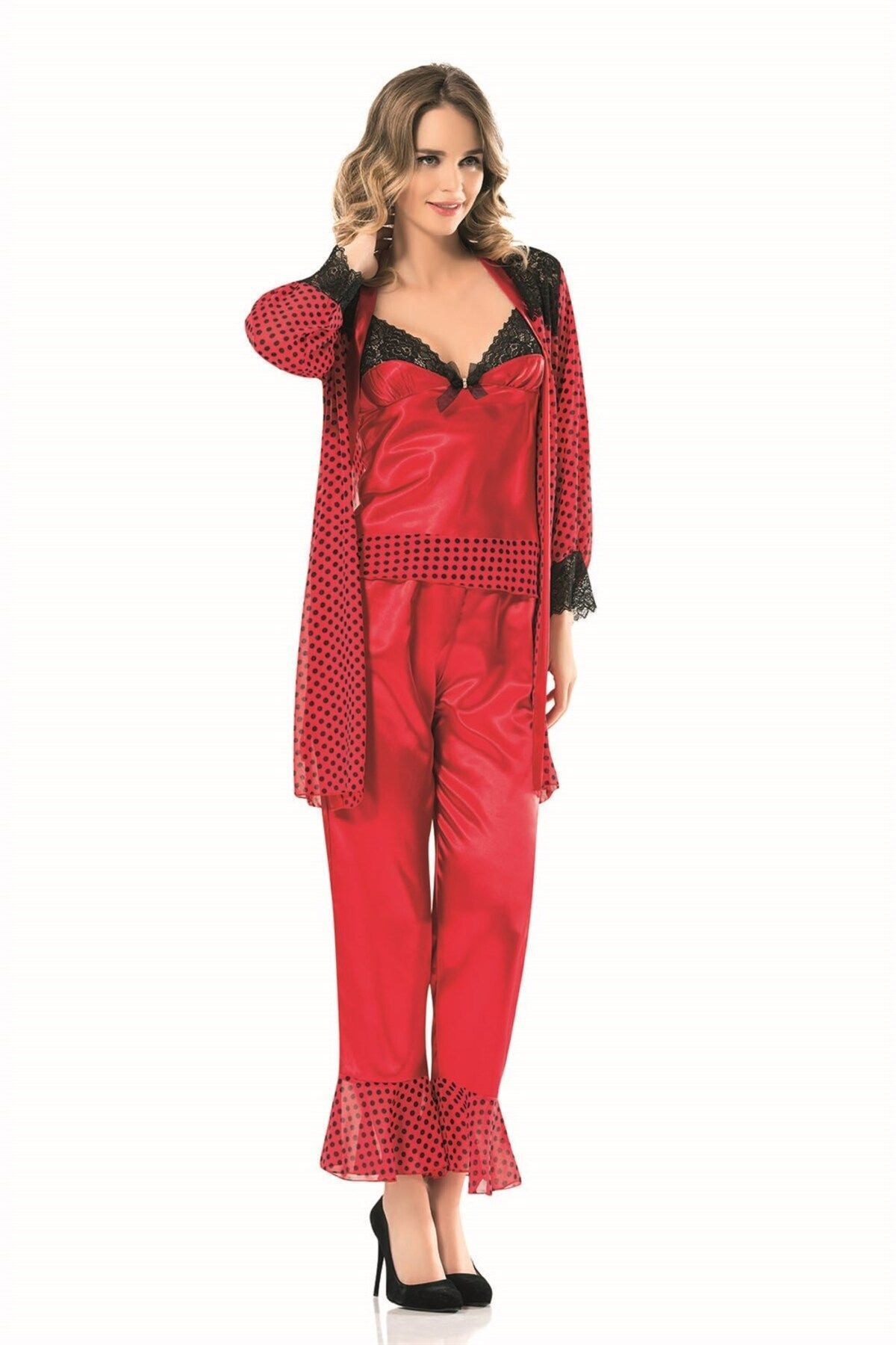 Kırmızı Üçlü Saten Sabahlık Gecelik Pijama Takımı