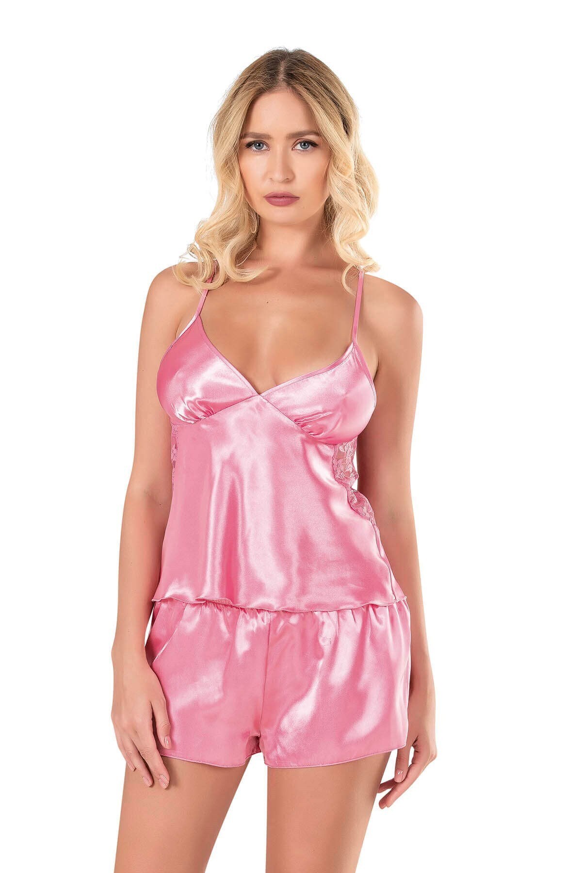 Koyu Pembe Saten Babydoll Şort Takımı 9108