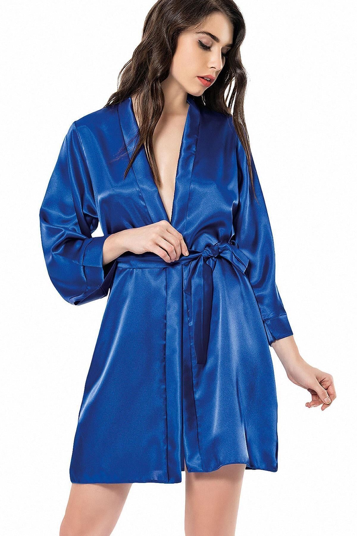 Kuşaklı Kimono Yaka Uzun Kollu Kadın Diz Üstü Sabahlık 7431