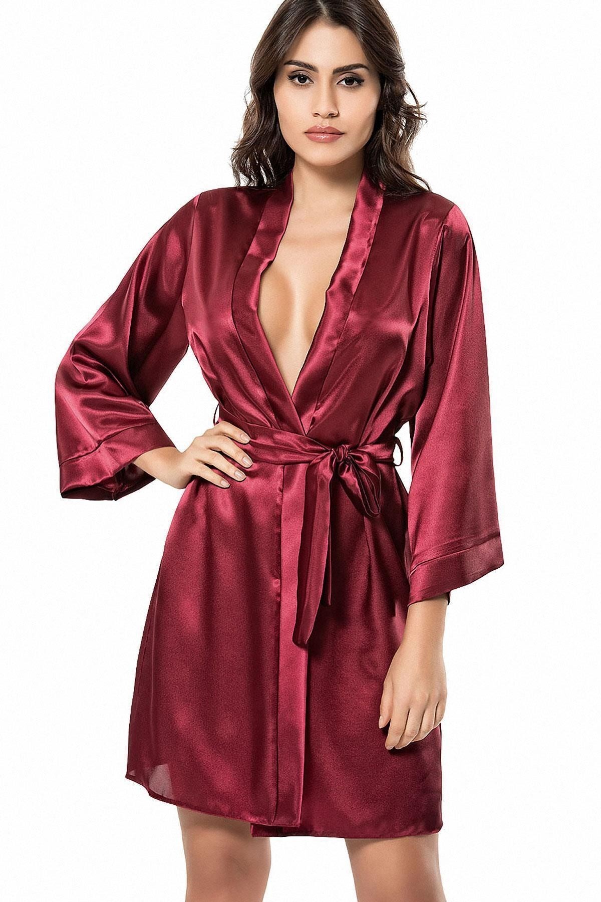 Kuşaklı Kimono Yaka Uzun Kollu Kadın Diz Üstü Sabahlık 7431