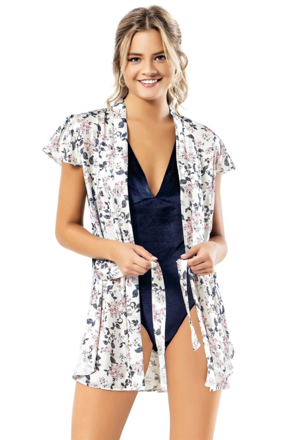 Lacivert Kadife Bodysuit Sabahlık Gecelik Takımı
