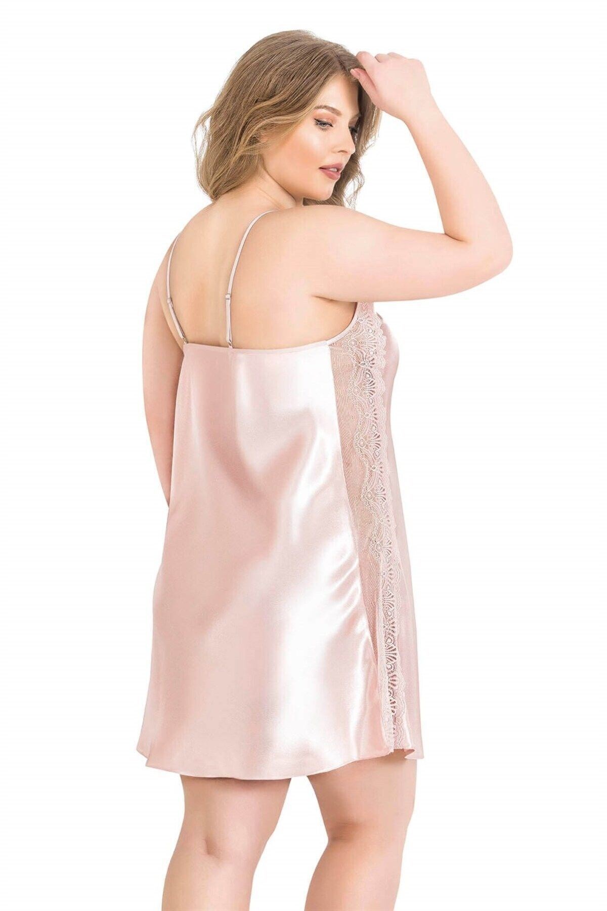 Life Lingerie - Büyük Beden Pudra Kısa Saten Gecelik
