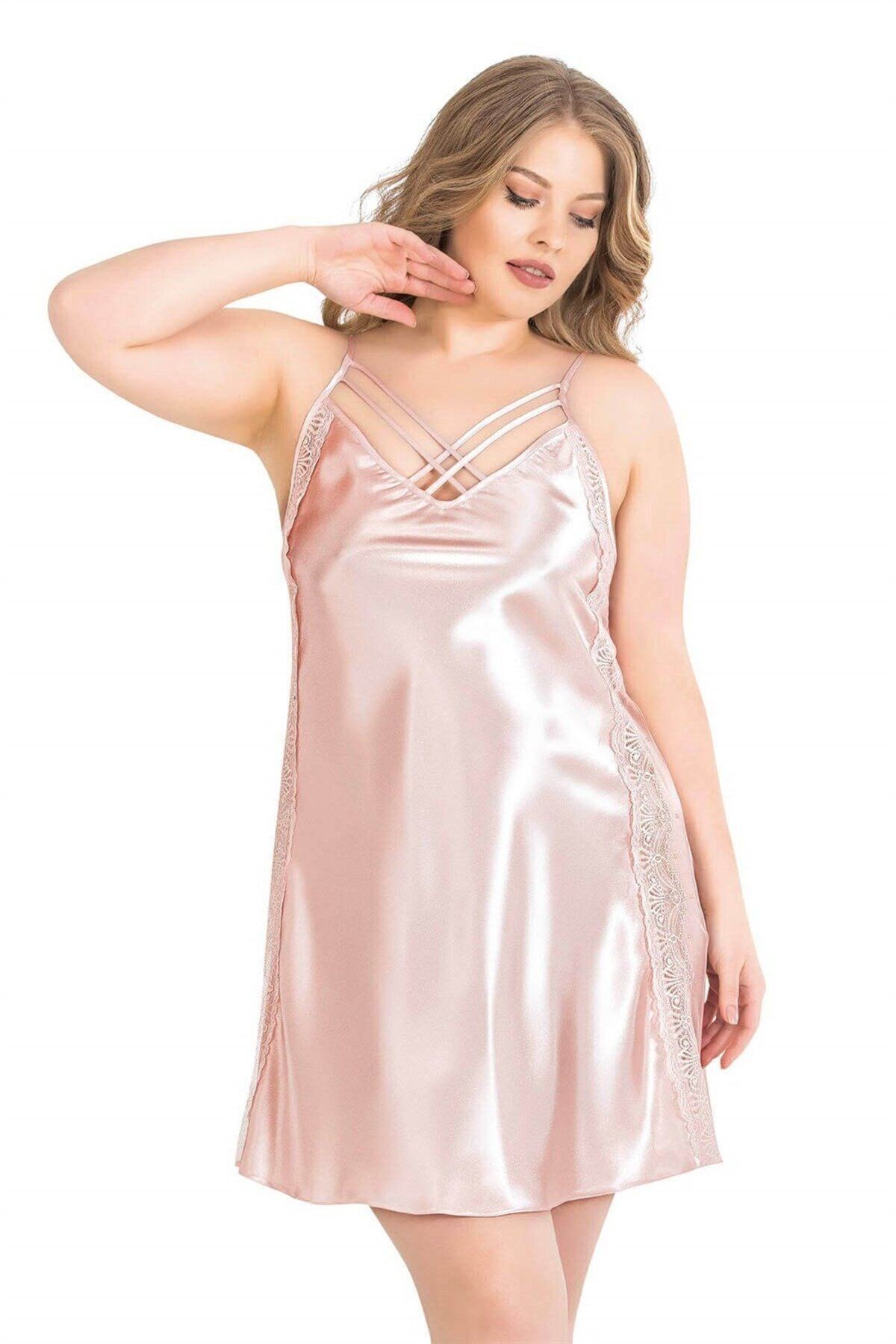 Life Lingerie - Büyük Beden Pudra Kısa Saten Gecelik