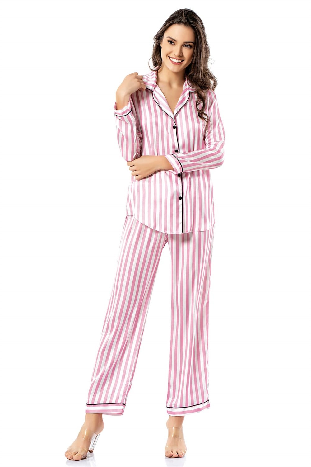 Loriva Çizgili Pembe İkili Saten Gecelik Pijama Takımı