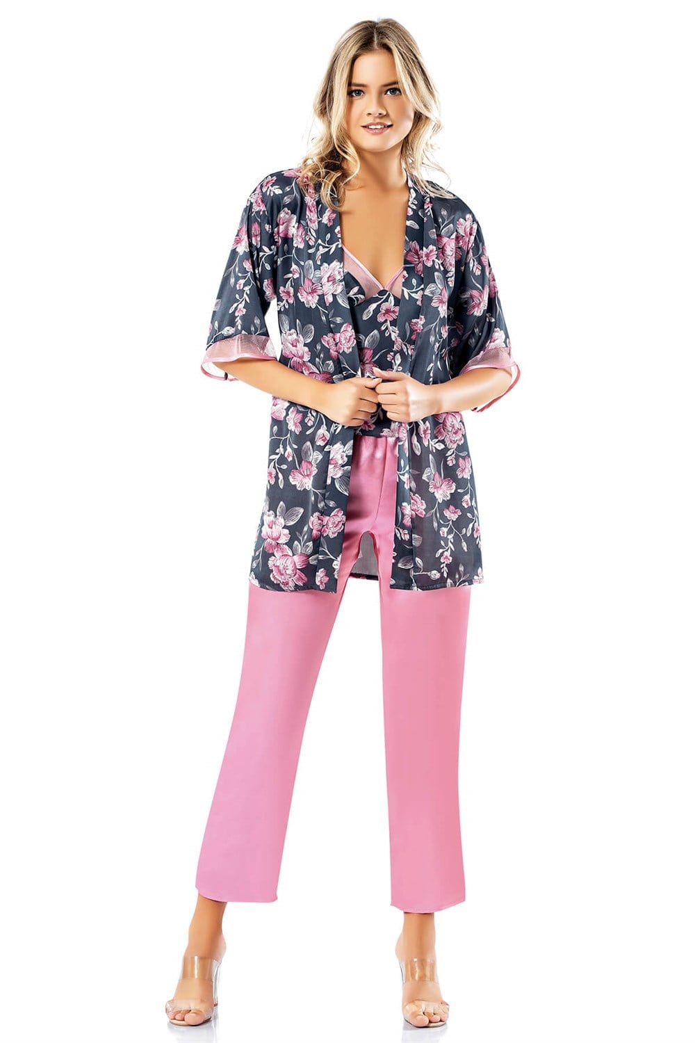 Loriva Desenli Büstiyerli Pembe Üçlü Saten Sabahlık Gecelik Pijama Takımı