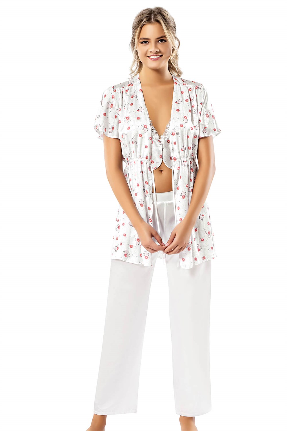 Loriva Desenli Büstiyerli Üçlü Saten Sabahlık Gecelik Pijama Takımı
