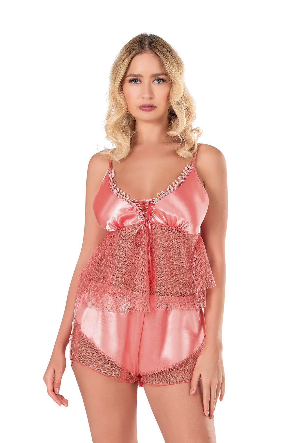 Mercan Saten Babydoll Şort Takımı 9138