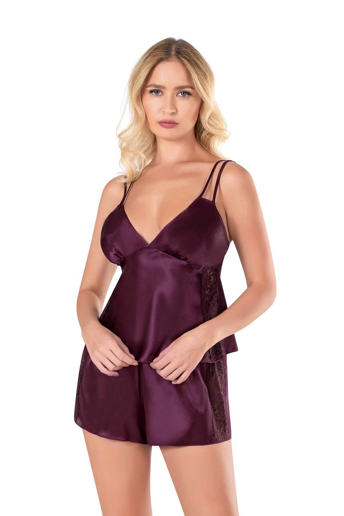 Mürdüm Saten Kumaş İnce Askılı Babydoll Şort Takımı