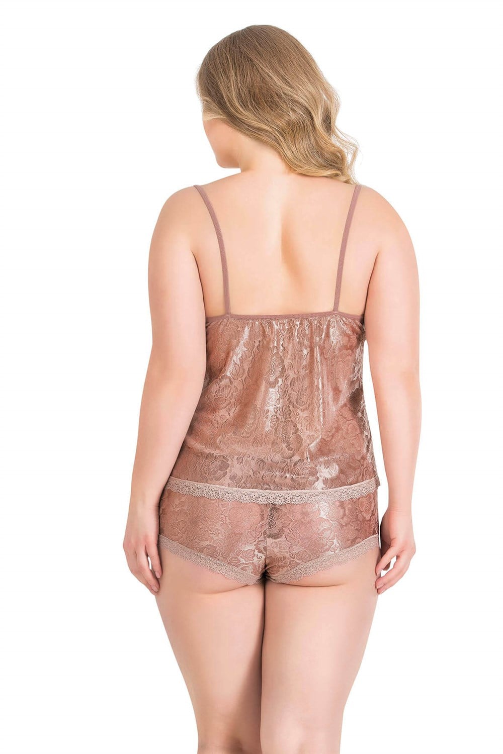 Primoda Büyük Beden Vizon Jakarlı Babydoll Şort Takımı 1051