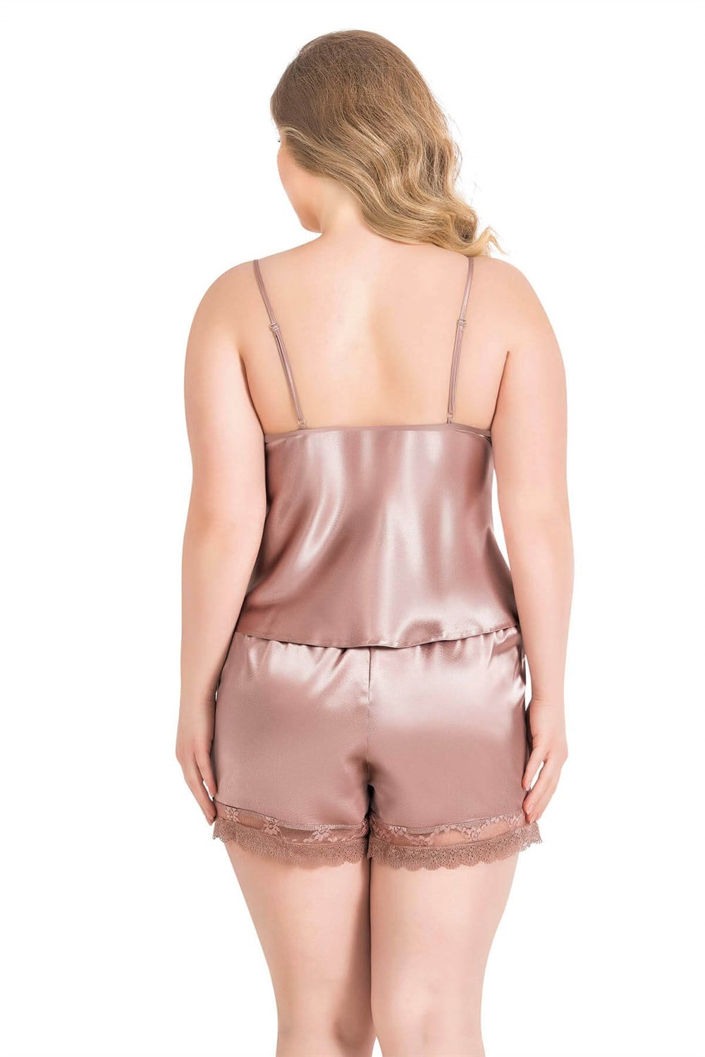 Primoda Büyük Beden Vizon Saten Babydoll Şort Takımı 1056
